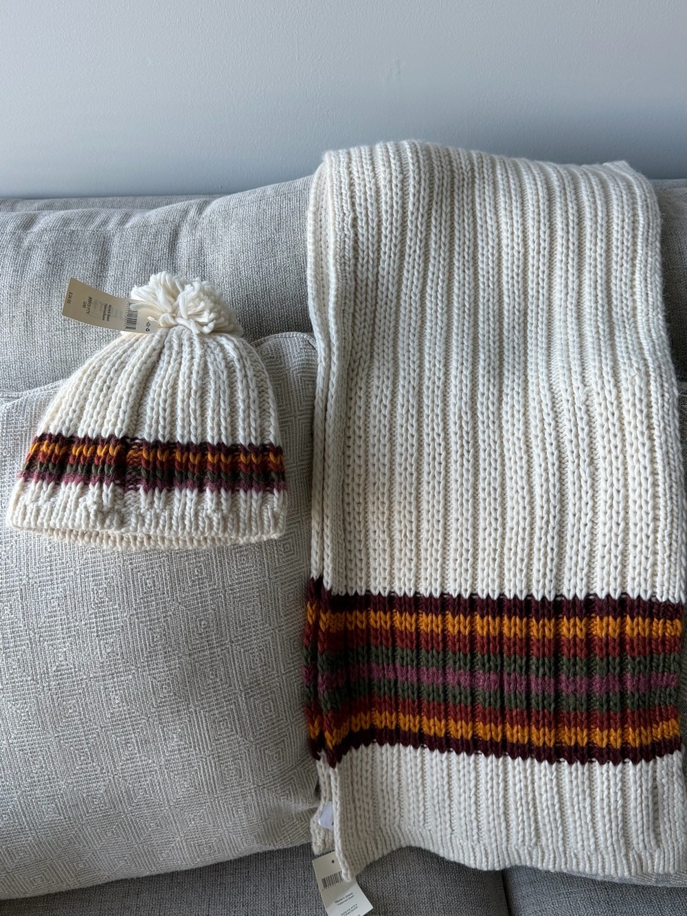 Duluth Cream Knit Scarf & Beanie with Burgundy, Mustard & Forest Stripe Accents